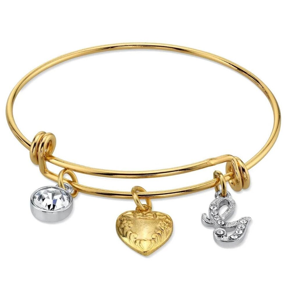 1928 JEWELRY 14KT GP Heart 'G' Initial Clear Crystal Triple Charm Bracelet**NEW!